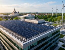 Large rooftop solar array on a modern European office building at golden hour, with wind turbines and a small electrical substation in the background, photographed from an elevated angle