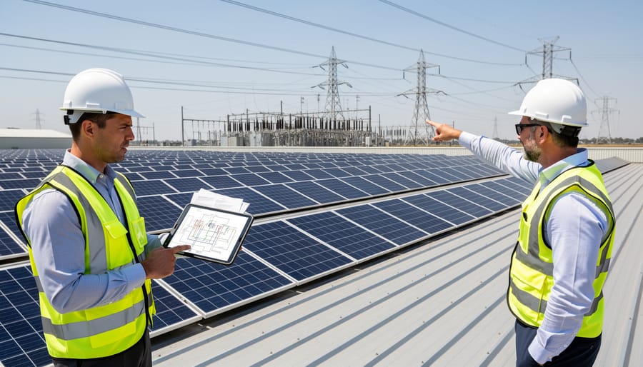 Commercial solar panel array on warehouse rooftop with grid connection infrastructure