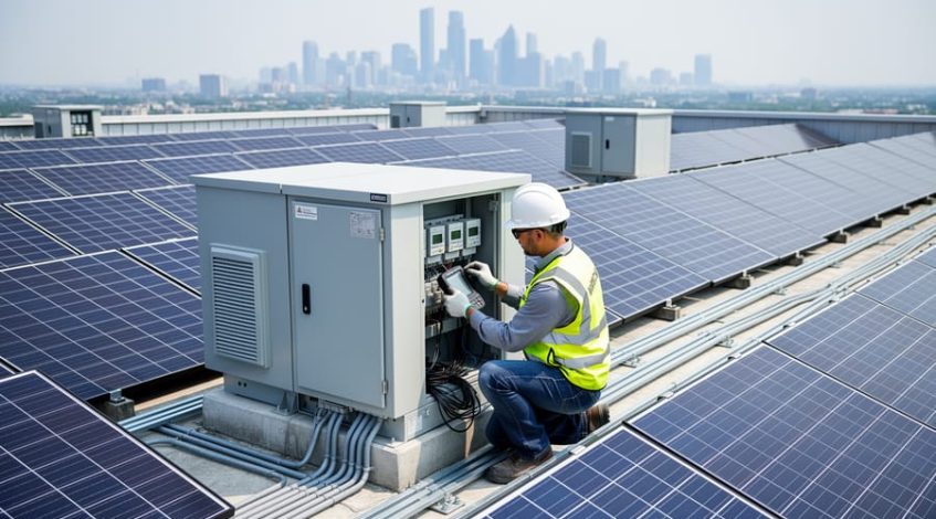 Field engineer kneeling by an unbranded inverter cabinet on a commercial rooftop solar array, checking connections; long rows of PV panels and a distant city skyline under bright overcast light.