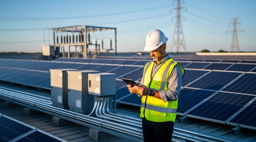 Engineer in hard hat and safety vest checking a tablet beside inverter cabinets on a commercial rooftop solar array, with a distant utility substation and transmission lines at golden hour