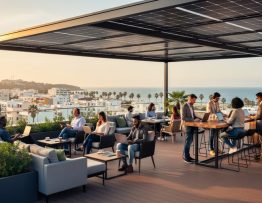 Rooftop coworking terrace with diverse digital nomads working beneath a solar panel canopy at golden hour, showing the solar array in the foreground and a softly blurred Mediterranean coastal skyline with sea and palm trees in the background, no visible text or logos.