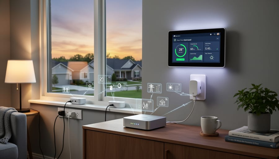 Smart home energy monitoring device with LED indicators mounted near electrical panel