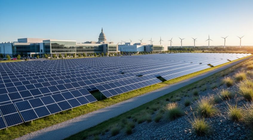 Commercial solar panels beside an industrial park at golden hour, with a softly blurred state capitol dome and wind turbines in the distant background.