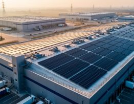 Aerial three-quarter view of a vast rooftop solar array on a modern manufacturing facility at golden hour, with nearby warehouses, loading docks, and a distant utility substation in the background.