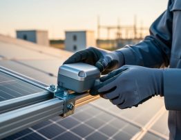Gloved technician attaching a compact IoT sensor to a solar panel frame at a commercial solar farm, with rows of panels and inverter cabinets softly blurred in warm side lighting.