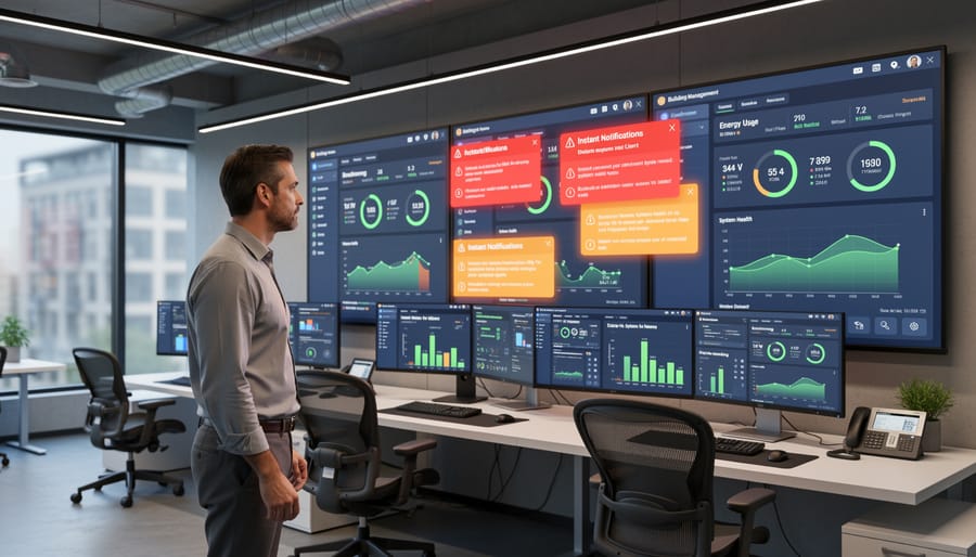 Facility manager reviewing solar system performance data on tablet with monitoring dashboard