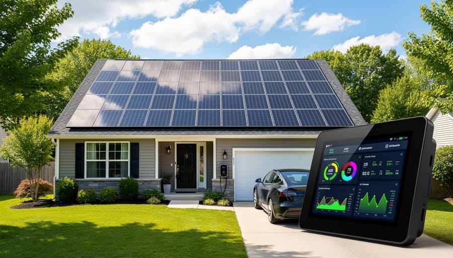 Solar panels installed on residential home rooftop at sunrise