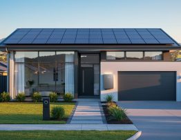 Modern home with rooftop solar panels and an exterior battery storage unit at golden hour, viewed straight-on from the driveway with a soft-focus suburban street and trees in the background.