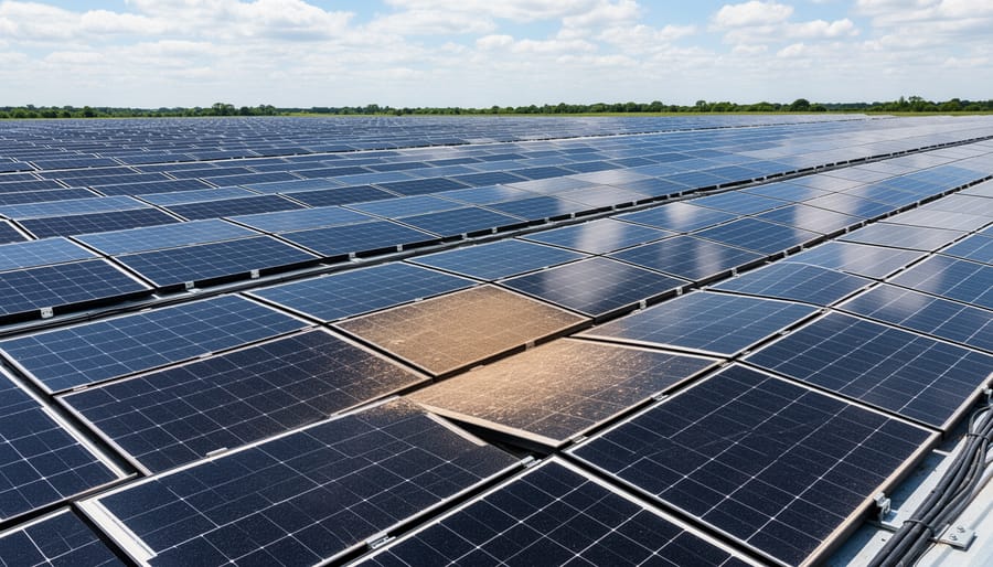 Aerial view of commercial solar panel array on warehouse rooftop with one darker malfunctioning panel