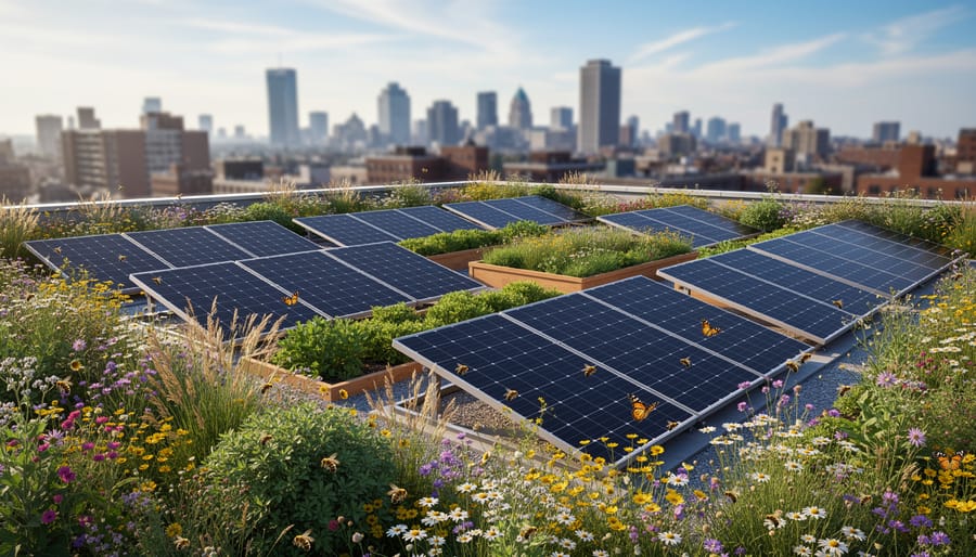 Bees and butterflies on native flowers in pollinator-friendly solar installation