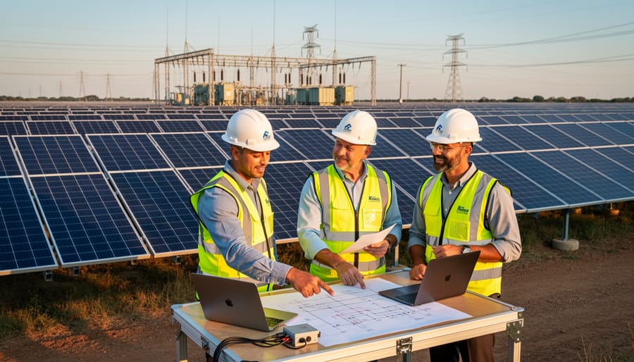 Business owner consulting with solar engineer at commercial installation site
