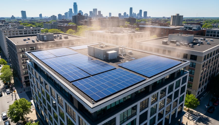 Commercial building with rooftop solar panels providing shade and cooling benefits