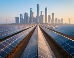 Rows of solar panels in warm golden hour light leading toward a distant glass-walled financial district skyline, with subtle background blur.
