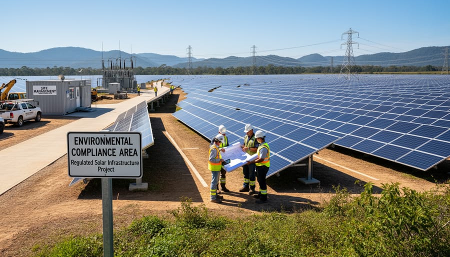 Solar technician installing commercial solar panel during golden hour