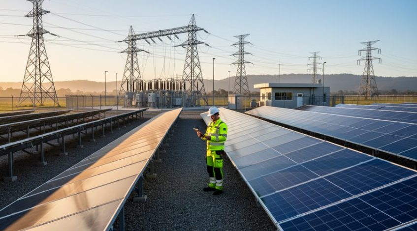 Engineer in high-visibility vest holding a tablet beside rows of solar panels facing a fenced utility substation with high-voltage transmission towers at golden hour