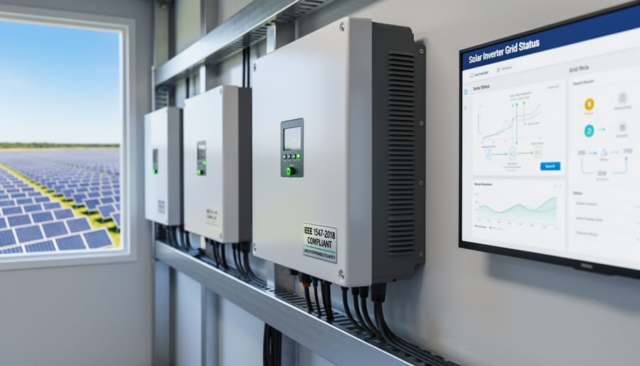 Close-up of commercial solar inverter showing technical specifications and compliance certifications
