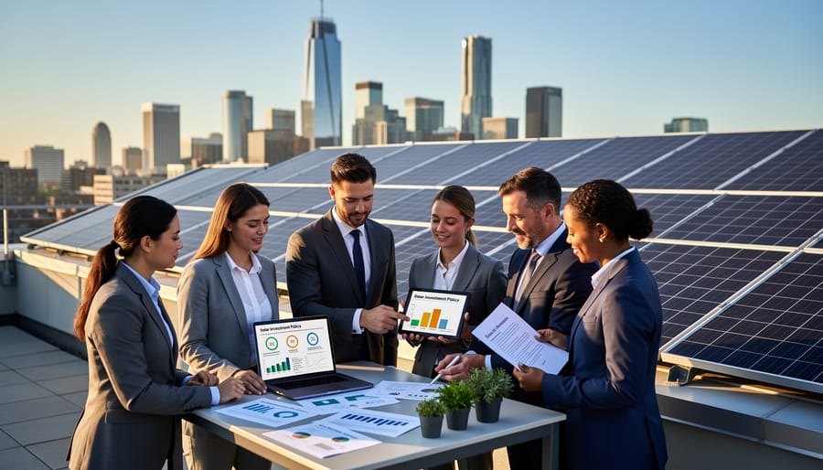 Business professional reviewing solar installation plans and financial documents