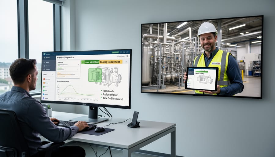 Technician testing solar panel electrical connections with diagnostic equipment