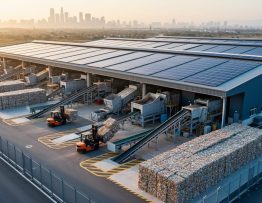 Elevated three-quarter view of an industrial waste facility with large rooftop solar panels, active conveyors and compactors, forklifts moving baled recyclables, and perimeter fencing at golden hour.