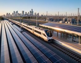 Electrified passenger train traveling next to ground-mounted solar arrays and a station canopy with solar panels at golden hour, with city skyline, substation, and catenary lines in the distance.
