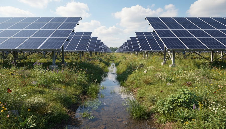 Solar panel array with native wildflowers and grasses managing stormwater naturally