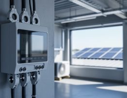 Close-up of an unbranded three-phase smart meter with clamp-on current transformers in a commercial electrical room, with rooftop solar panels softly blurred through a window under diffused daylight.