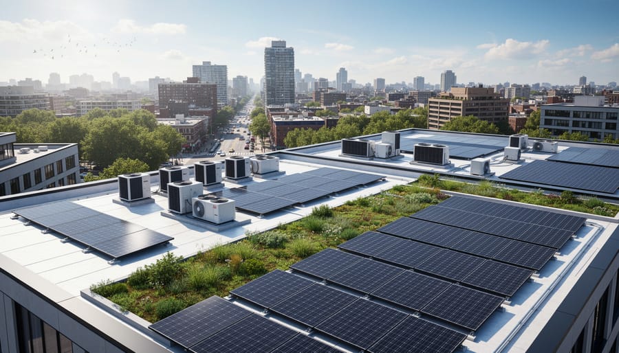 Aerial view of solar panel array on commercial building rooftop in urban environment