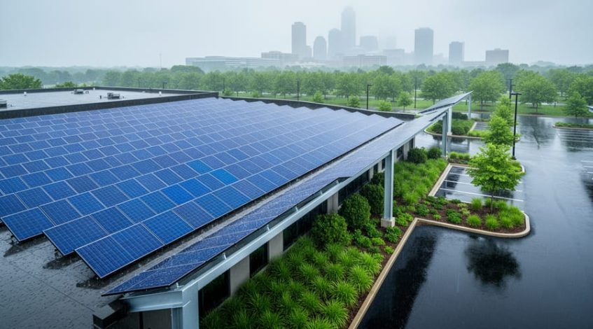 Elevated view of a commercial rooftop covered with photovoltaic panels and an adjacent parking lot with solar canopies, wet pavement reflecting light, and rainwater directed into planted bioswales, with a soft city skyline and trees in the background.