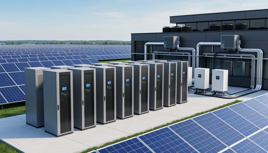 Industrial battery storage system installation with solar inverters in data center facility