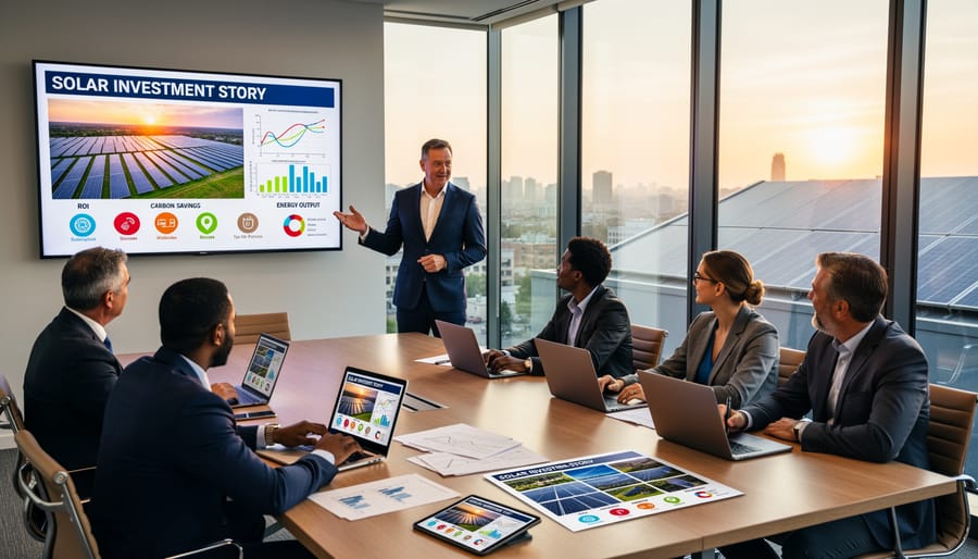 Business professional reviewing energy reports and documents at modern office desk