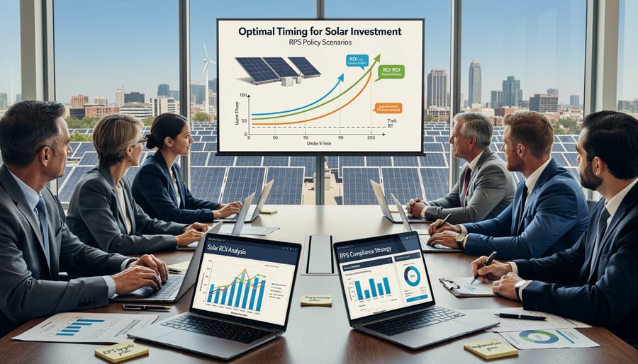 Business professionals planning solar energy investment using architectural model