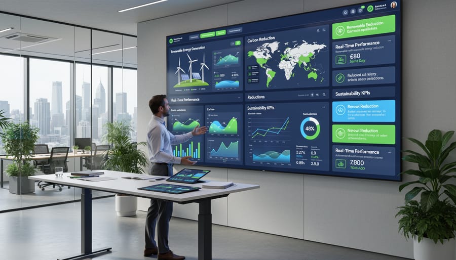 Business professional reviewing renewable energy monitoring system displaying performance metrics