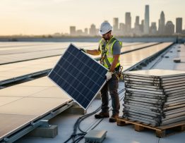 Technician replacing a solar panel on a modular commercial rooftop array at golden hour, with a pallet of reclaimed panels and a softly blurred city skyline in the background.