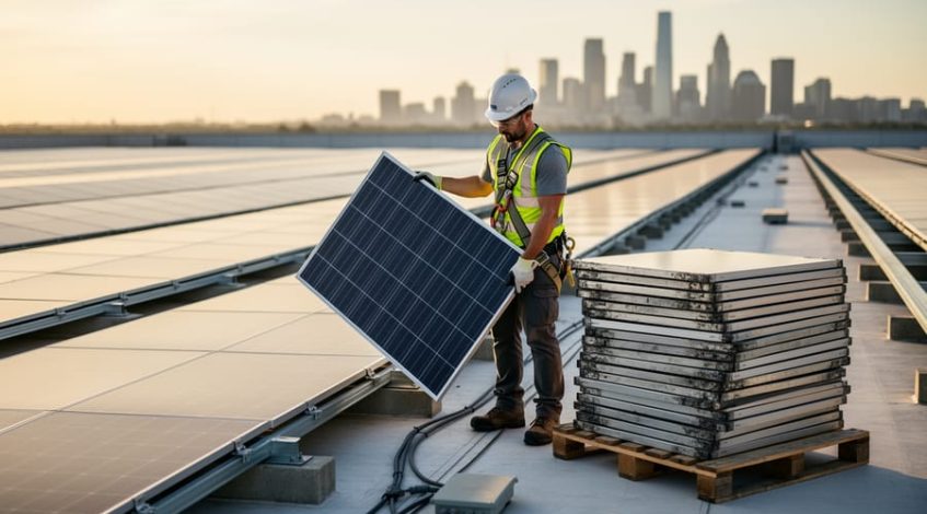 Technician replacing a solar panel on a modular commercial rooftop array at golden hour, with a pallet of reclaimed panels and a softly blurred city skyline in the background.