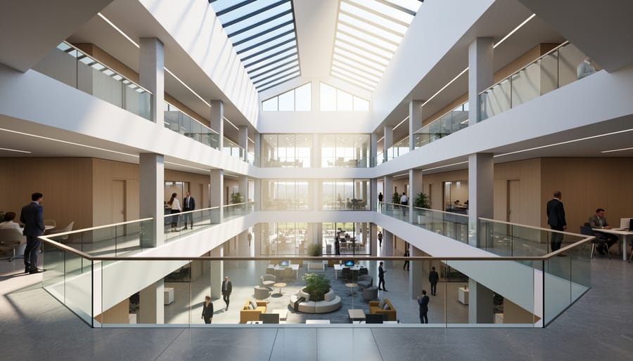 Multi-story building atrium with clerestory windows and natural light streaming from above