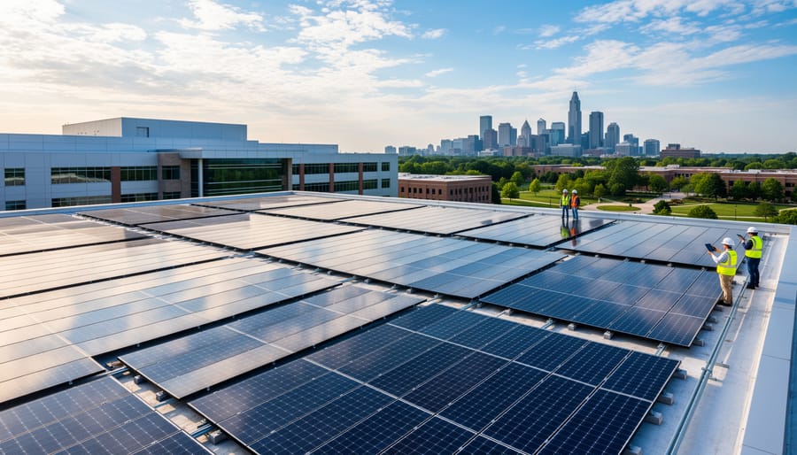 Government building with integrated rooftop solar panel system