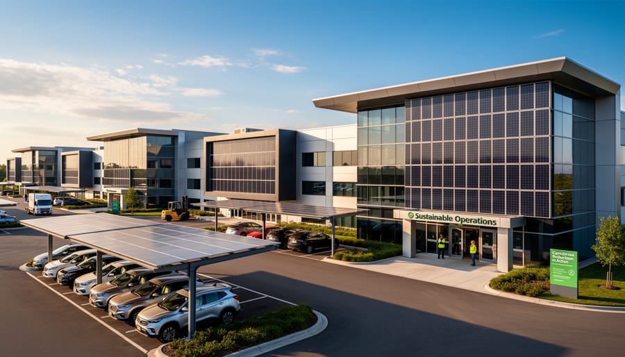 Large warehouse building with comprehensive rooftop solar panel installation at sunset
