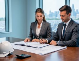 Two business professionals examine a contract folder at a conference table with a white hardhat and calculator, soft daylight, and a blurred view of rooftop solar panels and a city skyline through large windows.