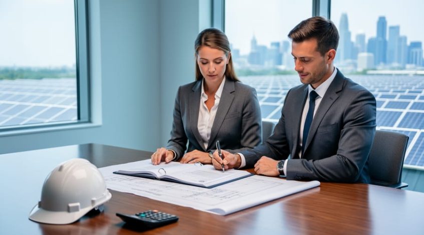 Two business professionals examine a contract folder at a conference table with a white hardhat and calculator, soft daylight, and a blurred view of rooftop solar panels and a city skyline through large windows.