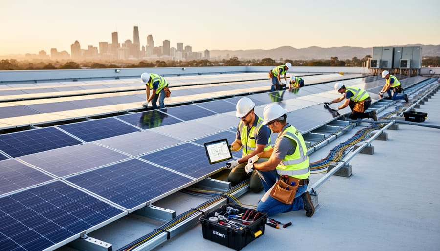 Aerial view of commercial solar farm installation showing scale and workforce coordination