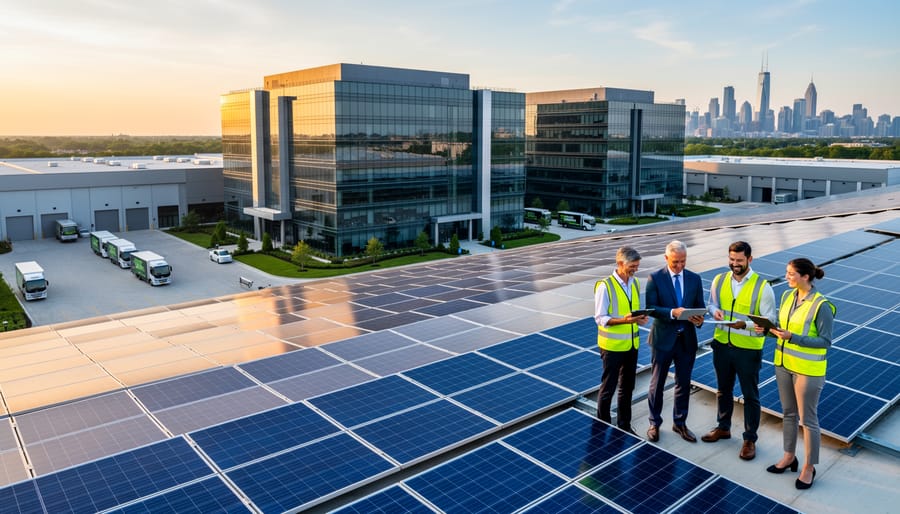 Large-scale solar panel array installed on commercial building rooftop with urban setting