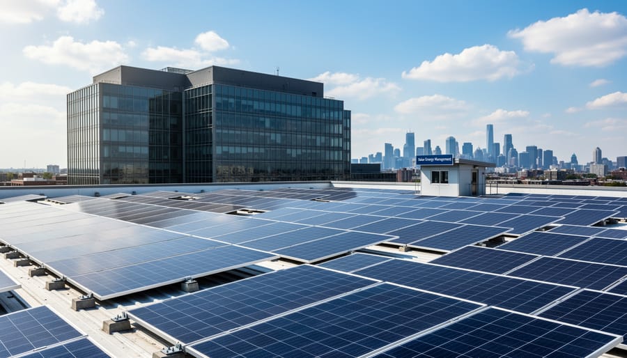 Aerial view of large commercial solar panel array on warehouse rooftop