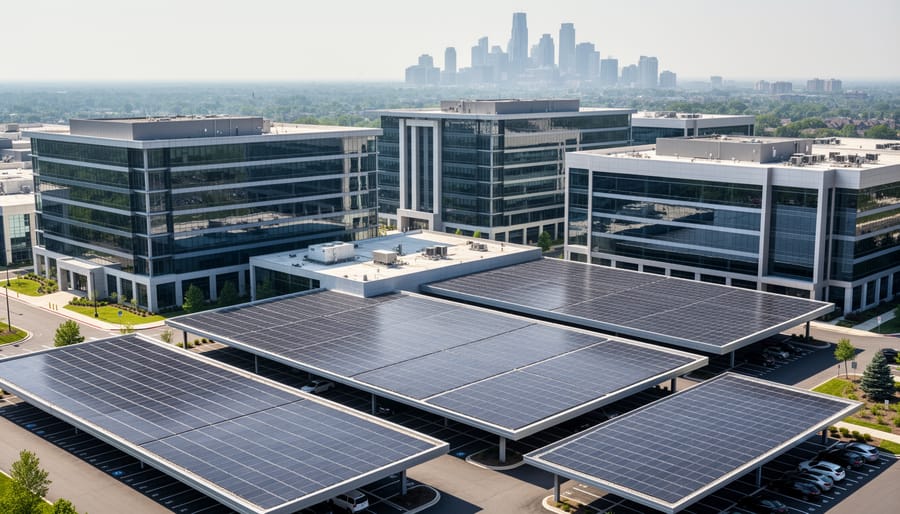 Aerial view of commercial rooftop solar panel array on industrial building