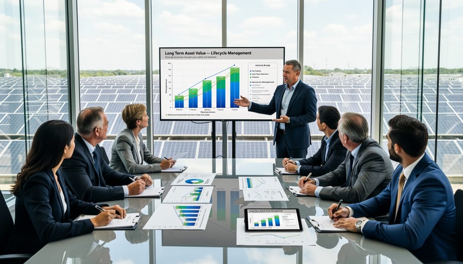 Business meeting discussing solar energy investment with solar panels visible through windows