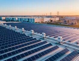 Elevated wide view of a warehouse rooftop densely packed with commercial solar panels at golden hour, with visible inverters and conduit, and a distant utility substation and transmission lines over an industrial park.