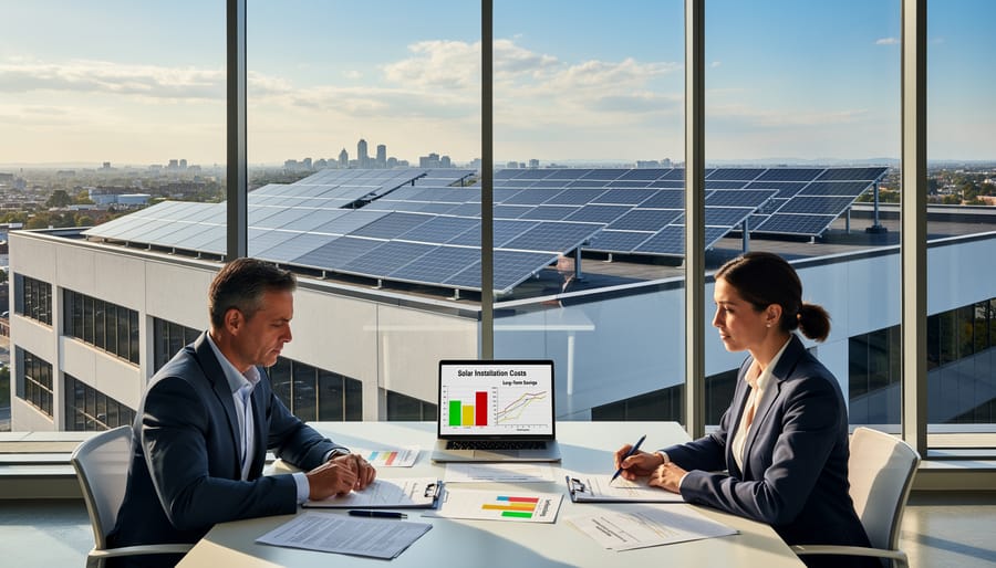 Large-scale solar panel installation on commercial building rooftop