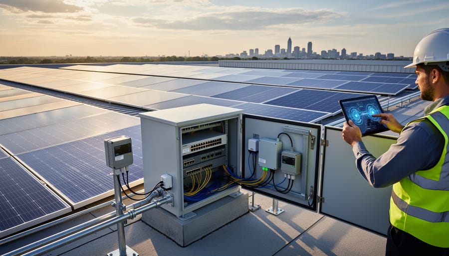 Commercial solar panel installation with visible networking equipment and monitoring devices