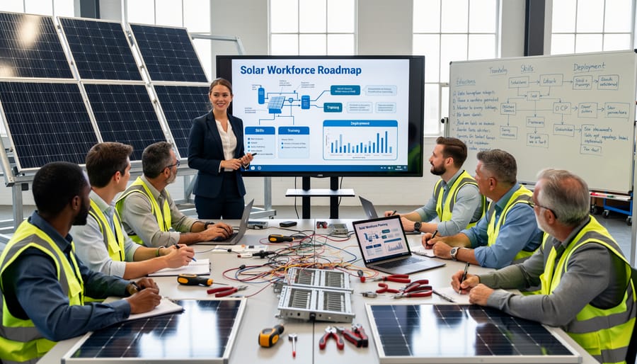 Workforce consultant leading training session with solar industry professionals in modern facility