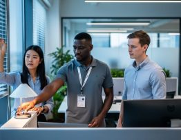 Diverse office employees and a facility manager lower blinds, switch off a desk lamp, and adjust a smart thermostat in a bright open office, illustrating collaborative energy-saving behavior.
