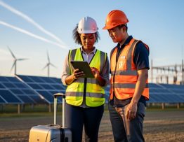 Two engineers in hard hats and safety vests review a tablet beside a rolling suitcase at a large solar farm, with wind turbines and a grid substation blurred in the background under warm evening light.